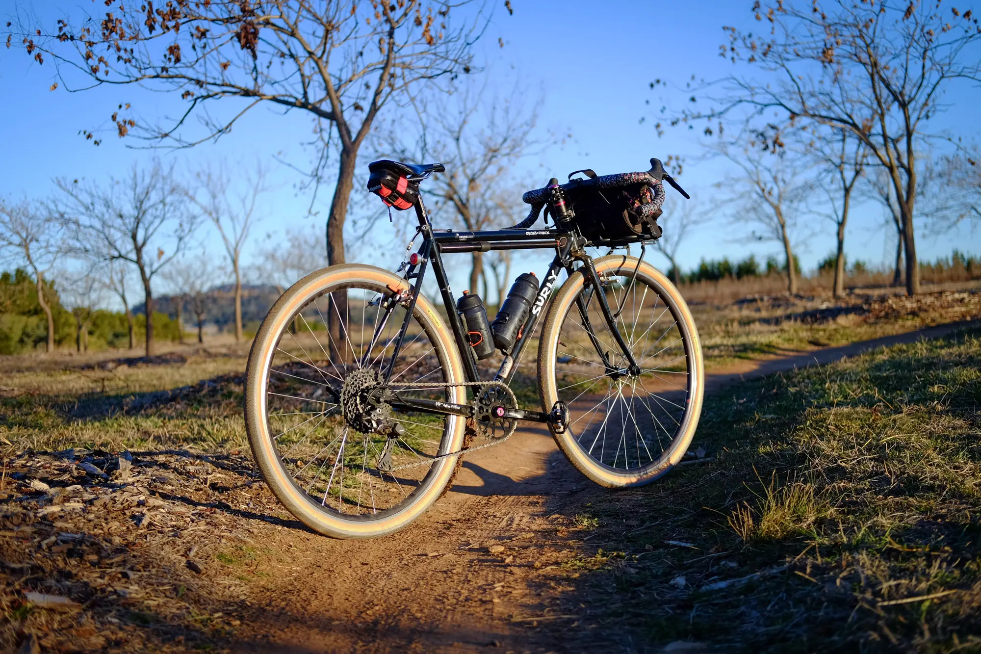 A Surly Cross Check ready to ride in the dirt.