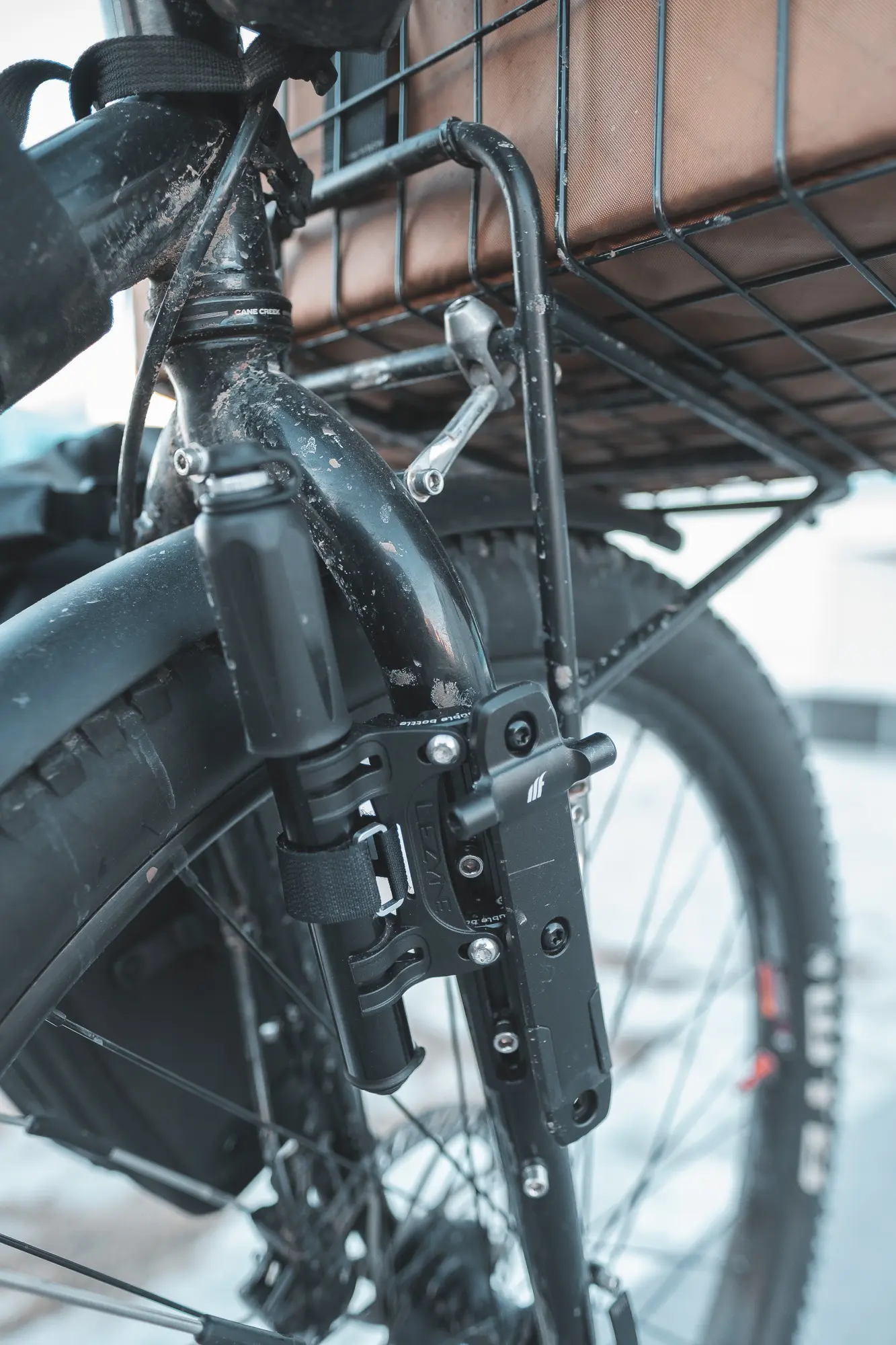 A loaded front fork with The Wolf Tooth B-RAD system.