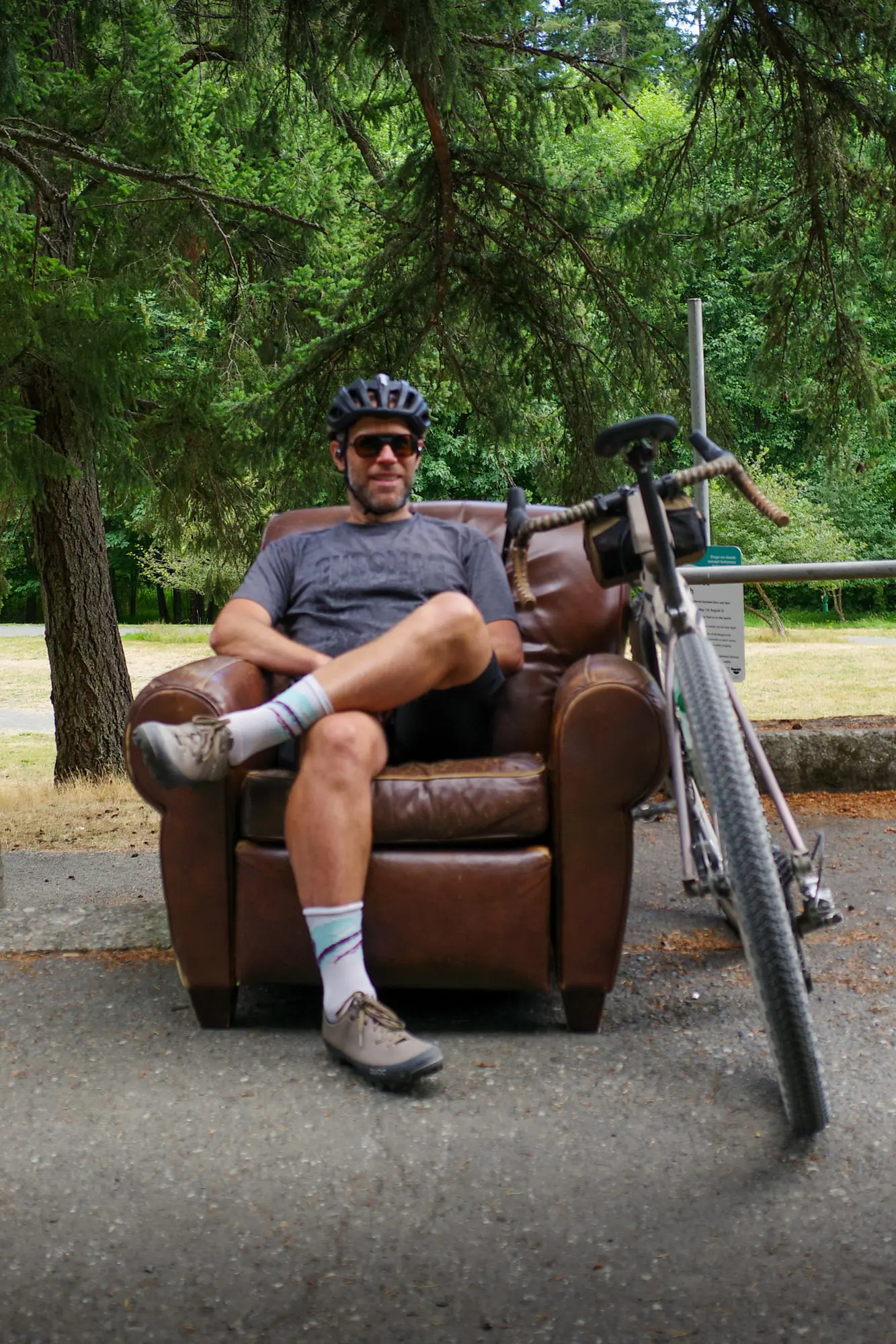 Barry taking a break in a trailside leather armchair