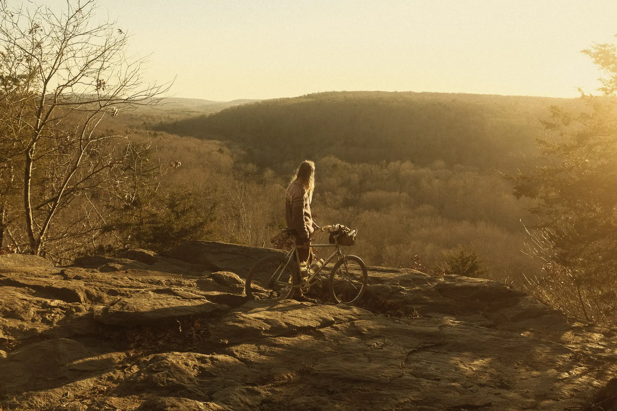 A man looks over a valley with his bike.